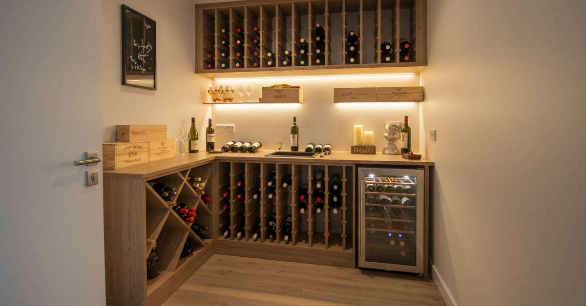 Racks de madeira com garrafas de vinho, um cooler com display digital e iluminação LED.