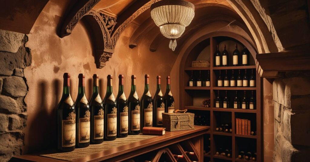 Adega rústica e elegante com garrafas de vinho em prateleiras de madeira e paredes de pedra, sob iluminação quente.