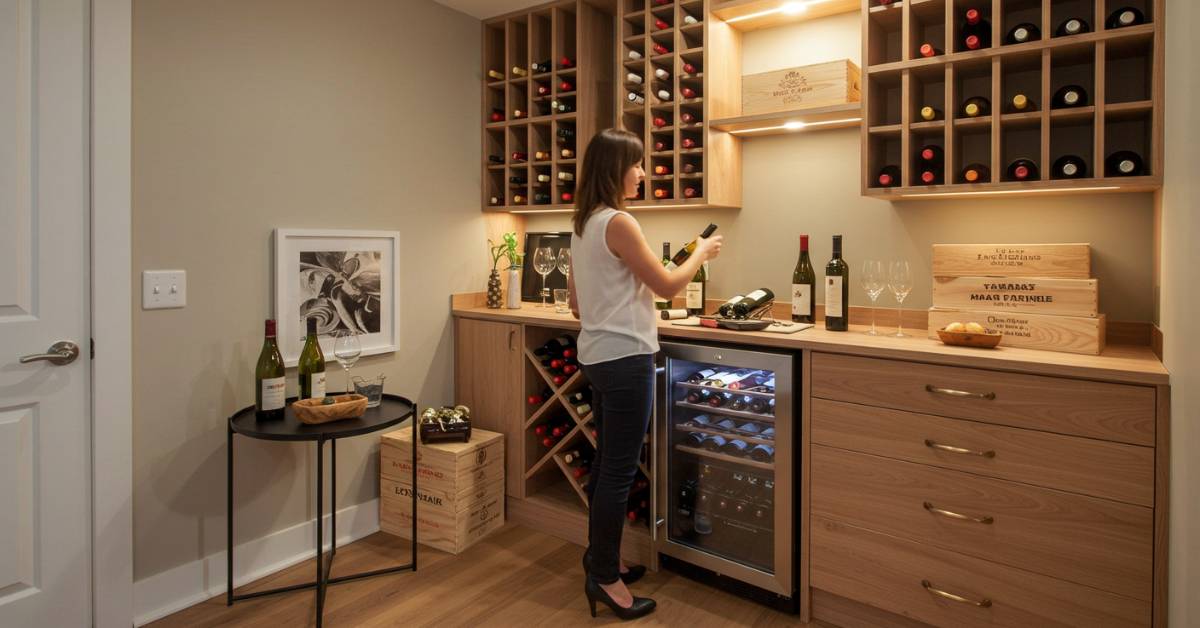 Mulher segurando uma garrafa de vinho em um ambiente aconchegante com rack de madeira.