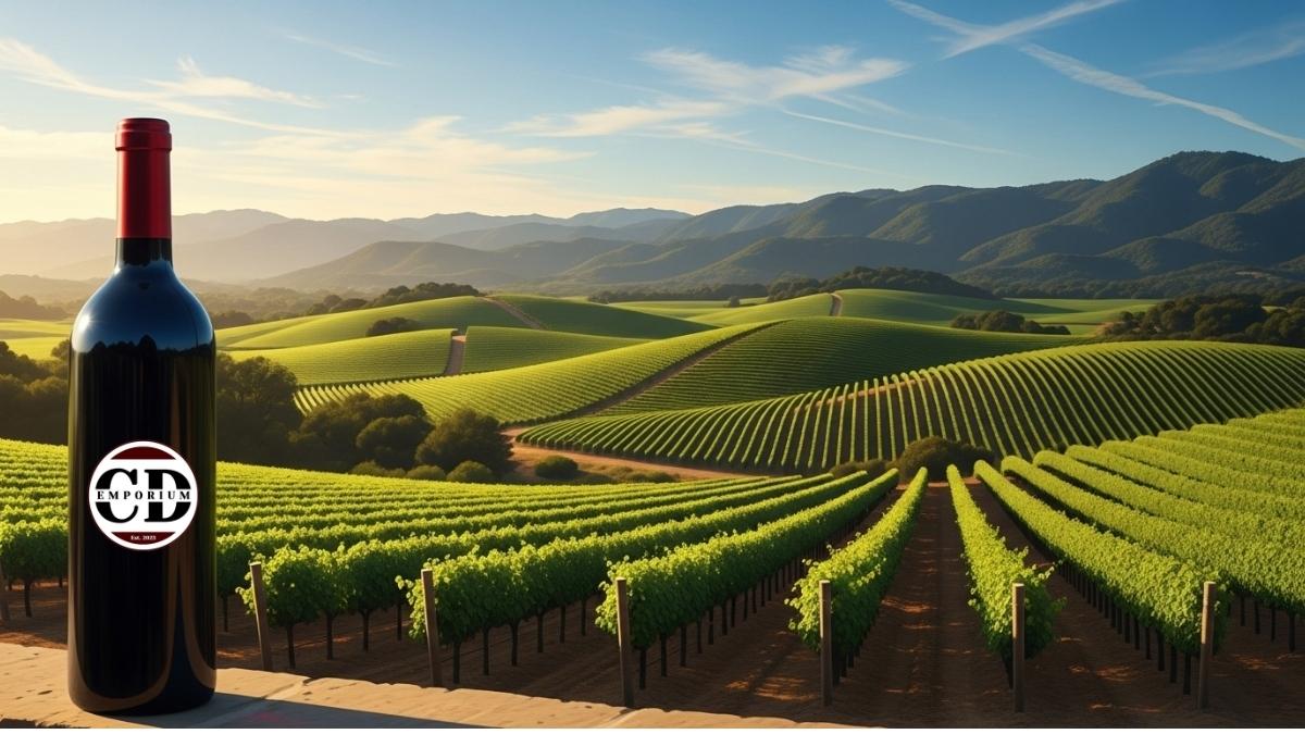 [Vinhedos da California e uma garrafa de vinho tinto]