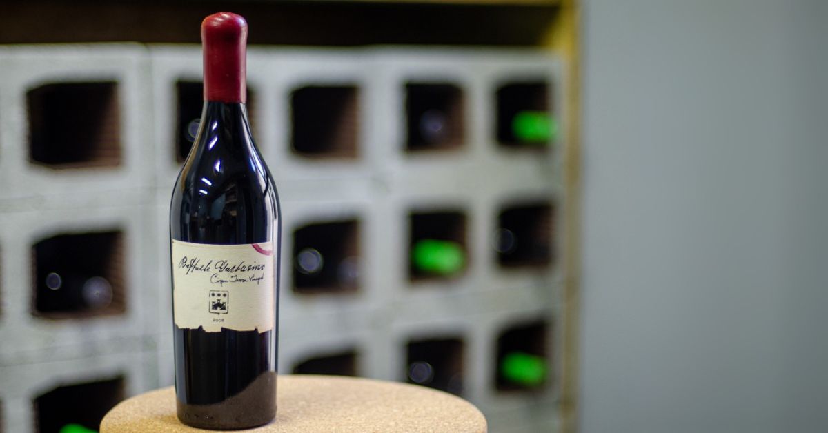 Garrafa de vinho em destaque com adega de blocos de cimento desfocada ao fundo.