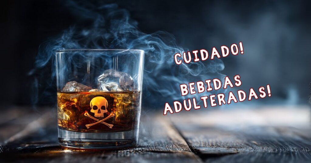 Alerta visual sobre bebidas adulteradas: copo de destilado escuro com símbolo de caveira e texto “CUIDADO! BEBIDAS ADULTERADAS!” em destaque.