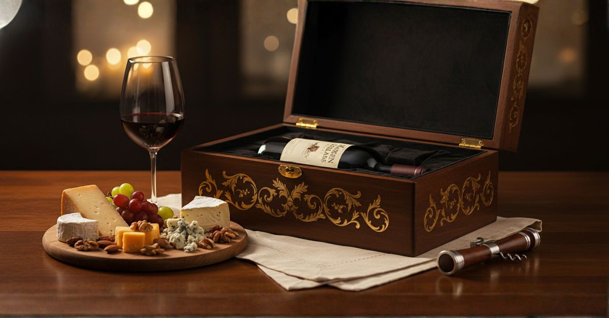 Caixa de vinho premium com taça em caixa aveludada, seleção de queijos e frutas secas, pronta para presente corporativo estiloso.