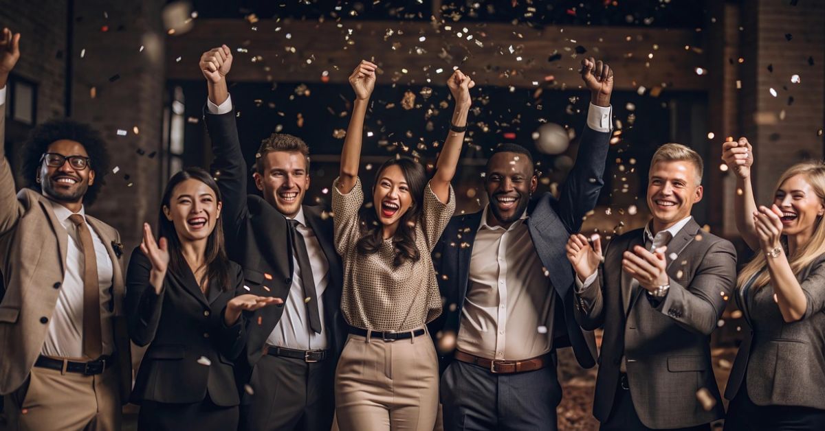 Equipe diversa celebrando conquista com brindes em mãos, confetes no ar e clima de festa corporativa.
