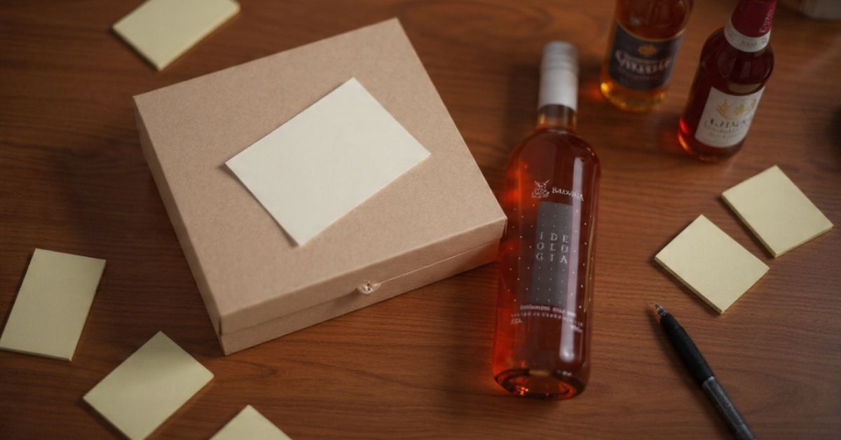 Kit brinde corporativo montado com garrafa, drinks e cartão de mensagem personalizada ao lado de post-its coloridos.